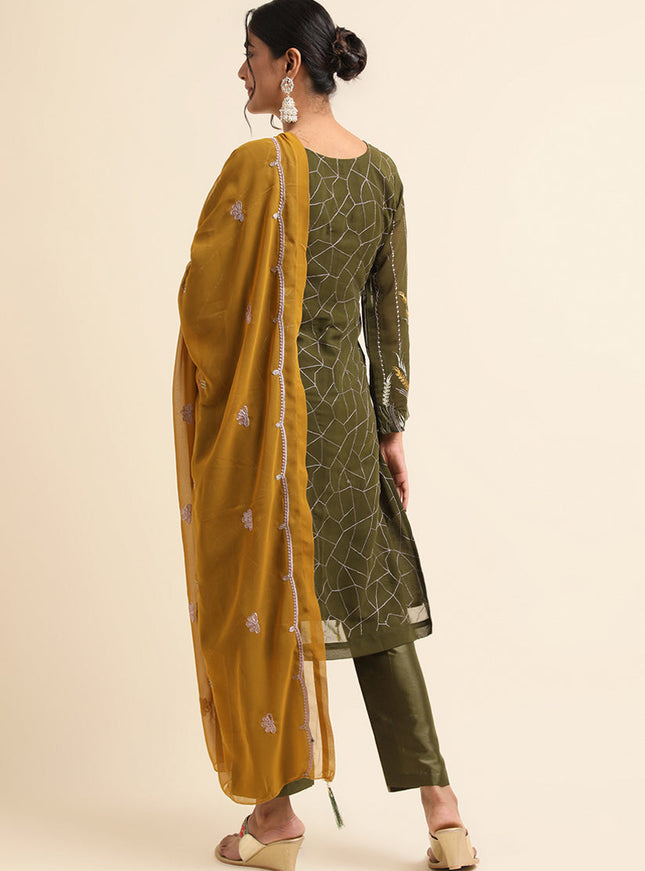 Mehndi Green Faux Georgette Embroidered Pant Kameez Suit