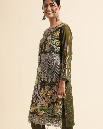 Mehndi Green Faux Georgette Embroidered Pant Kameez Suit