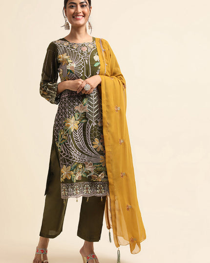 Mehndi Green Faux Georgette Embroidered Pant Kameez Suit