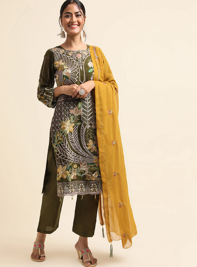 Mehndi Green Faux Georgette Embroidered Pant Kameez Suit