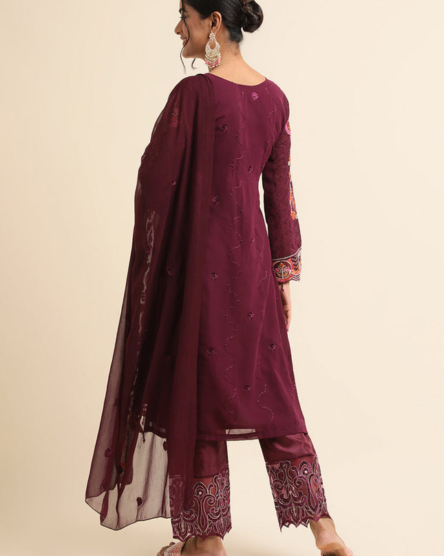 Wine Faux Georgette Embroidered Pant Kameez Suit