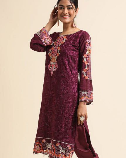 Wine Faux Georgette Embroidered Pant Kameez Suit