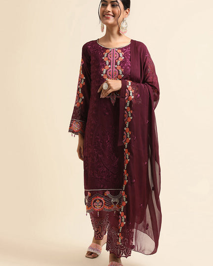 Wine Faux Georgette Embroidered Pant Kameez Suit