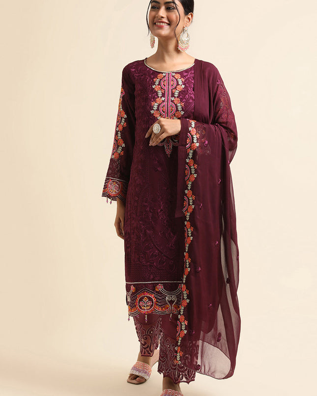 Wine Faux Georgette Embroidered Pant Kameez Suit