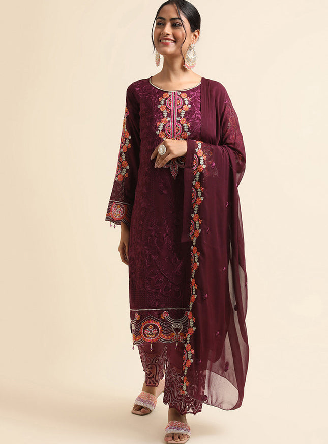 Wine Faux Georgette Embroidered Pant Kameez Suit