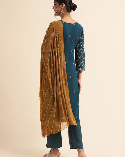 Teal Faux Georgette Embroidered Pant Kameez Suit