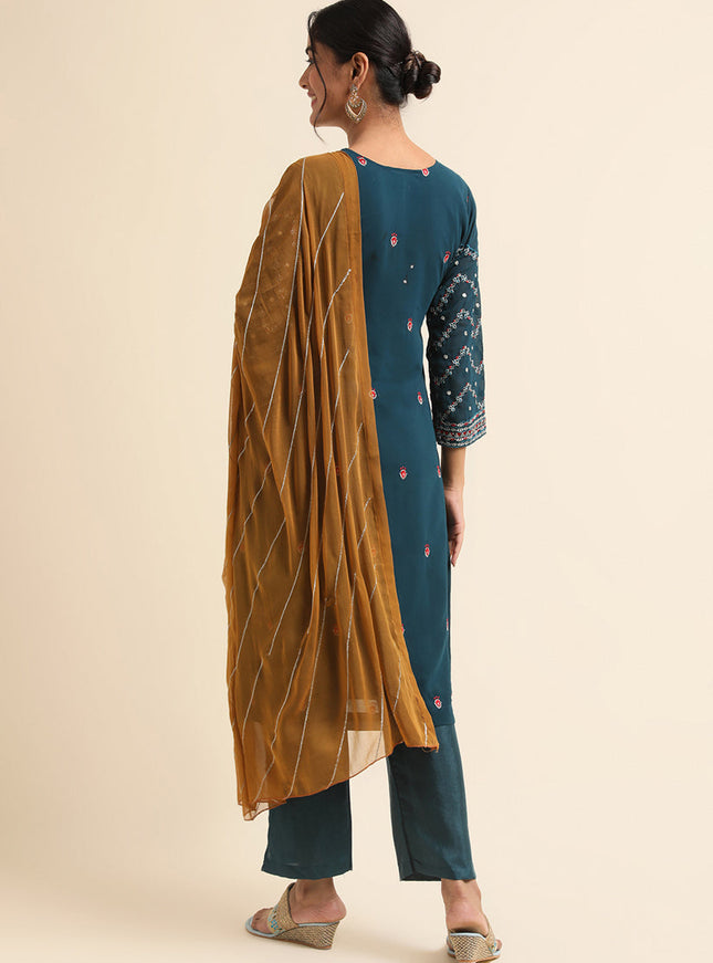 Teal Faux Georgette Embroidered Pant Kameez Suit