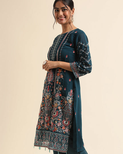 Teal Faux Georgette Embroidered Pant Kameez Suit