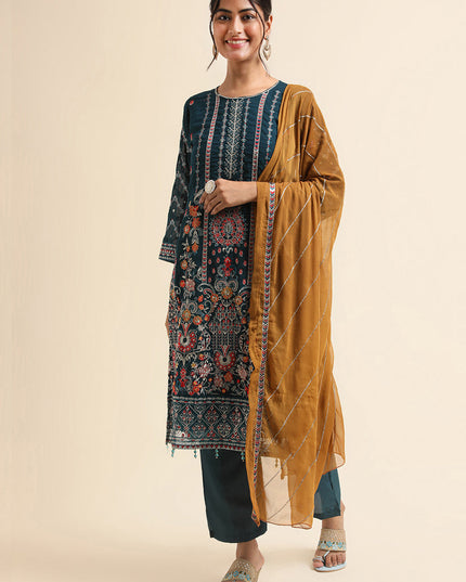 Teal Faux Georgette Embroidered Pant Kameez Suit
