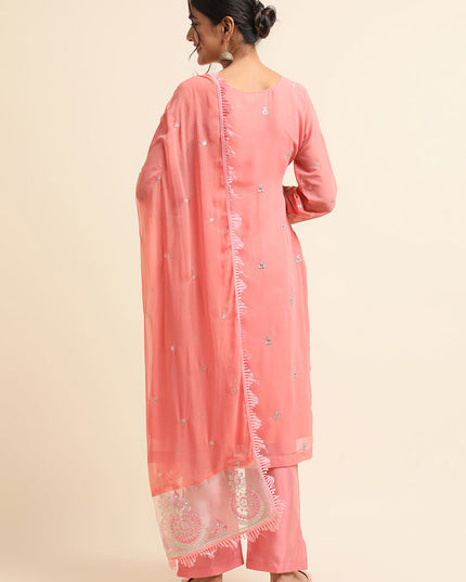 Peach Faux Georgette Embroidered Pant Kameez Suit