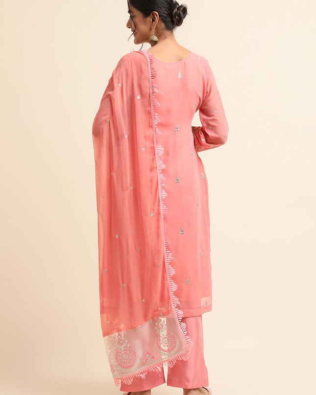 Peach Faux Georgette Embroidered Pant Kameez Suit