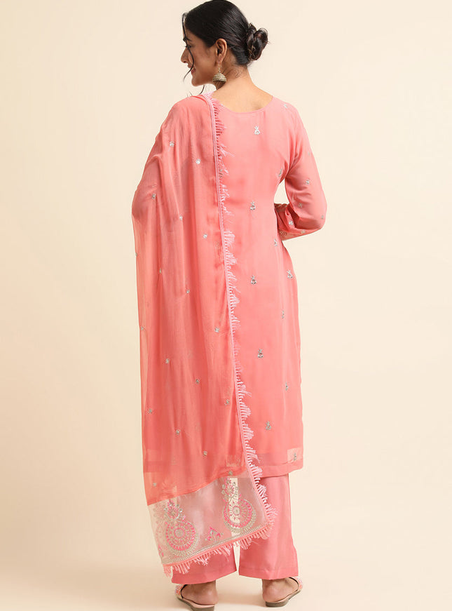 Peach Faux Georgette Embroidered Pant Kameez Suit