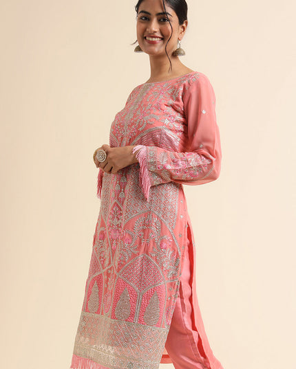 Peach Faux Georgette Embroidered Pant Kameez Suit