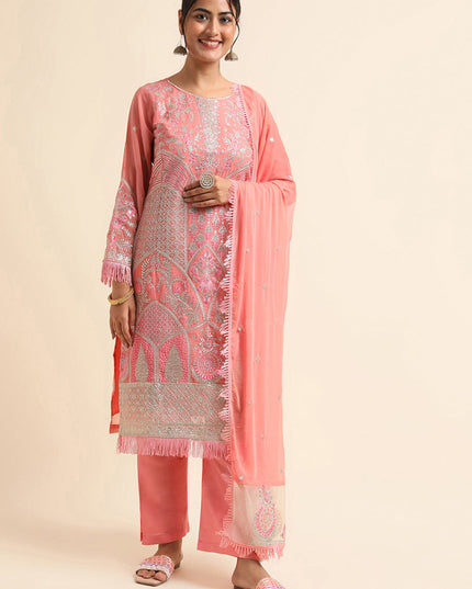 Peach Faux Georgette Embroidered Pant Kameez Suit