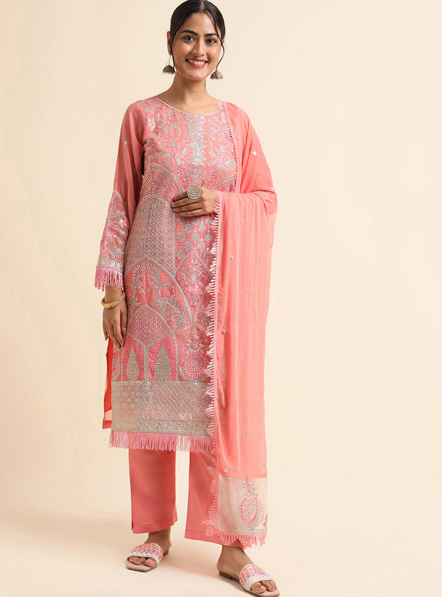 Peach Faux Georgette Embroidered Pant Kameez Suit