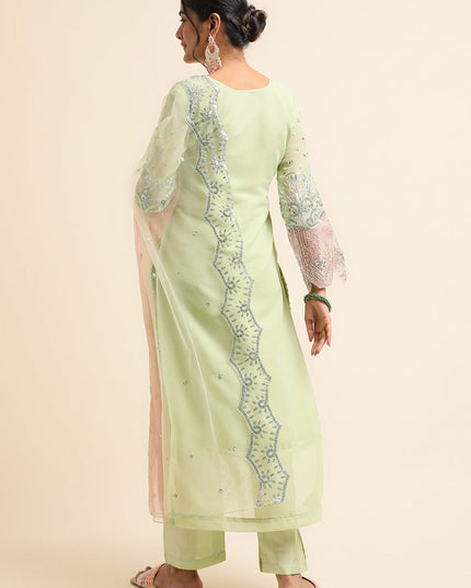 Pista Green Faux Georgette Embroidered Pant Kameez Suit