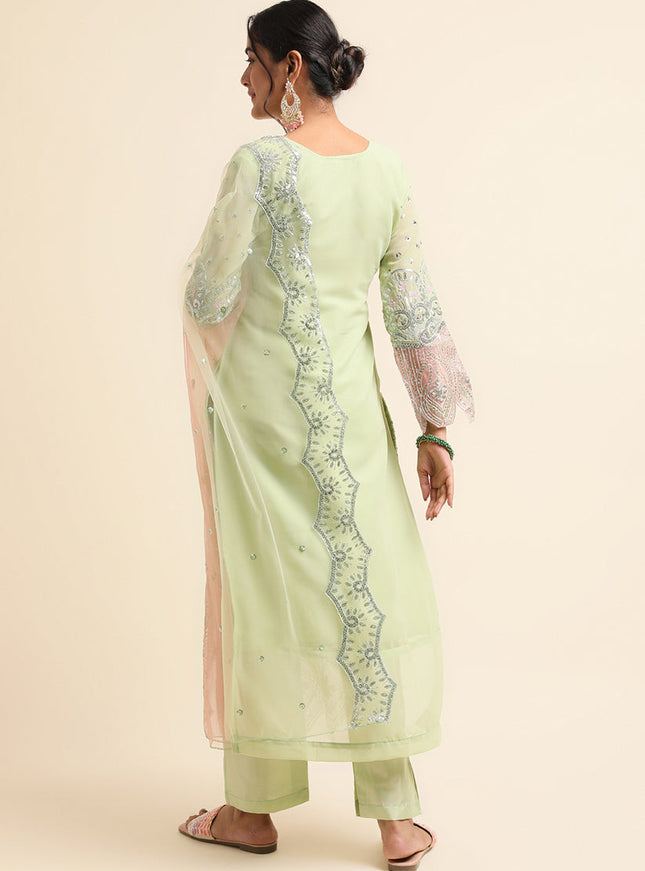 Pista Green Faux Georgette Embroidered Pant Kameez Suit