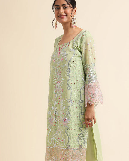 Pista Green Faux Georgette Embroidered Pant Kameez Suit