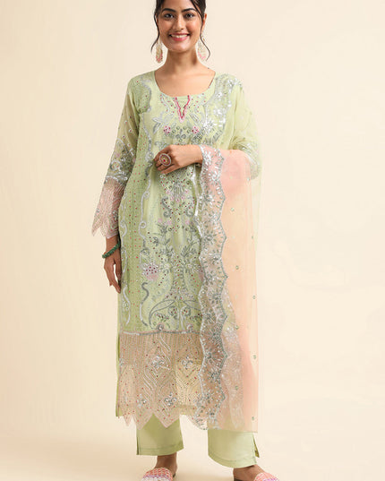 Pista Green Faux Georgette Embroidered Pant Kameez Suit