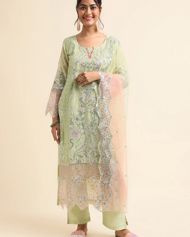 Pista Green Faux Georgette Embroidered Pant Kameez Suit