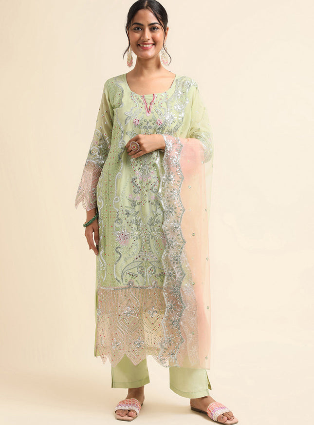 Pista Green Faux Georgette Embroidered Pant Kameez Suit