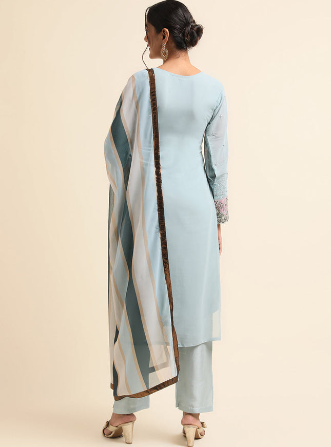 Sky Blue Faux Georgette Embroidered Pant Kameez Suit