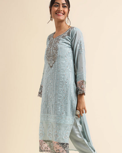 Sky Blue Faux Georgette Embroidered Pant Kameez Suit