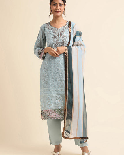 Sky Blue Faux Georgette Embroidered Pant Kameez Suit