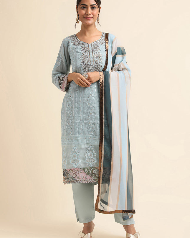 Sky Blue Faux Georgette Embroidered Pant Kameez Suit