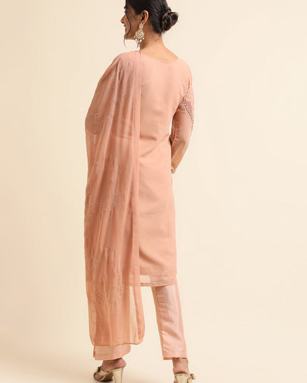 Peach Faux Georgette Embroidered Pant Kameez Suit