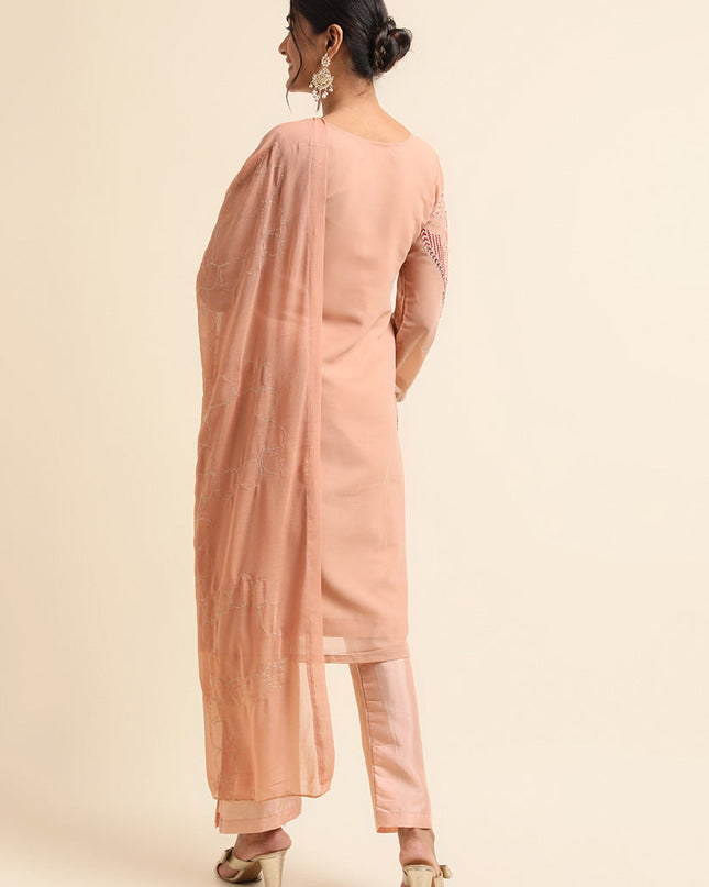 Peach Faux Georgette Embroidered Pant Kameez Suit