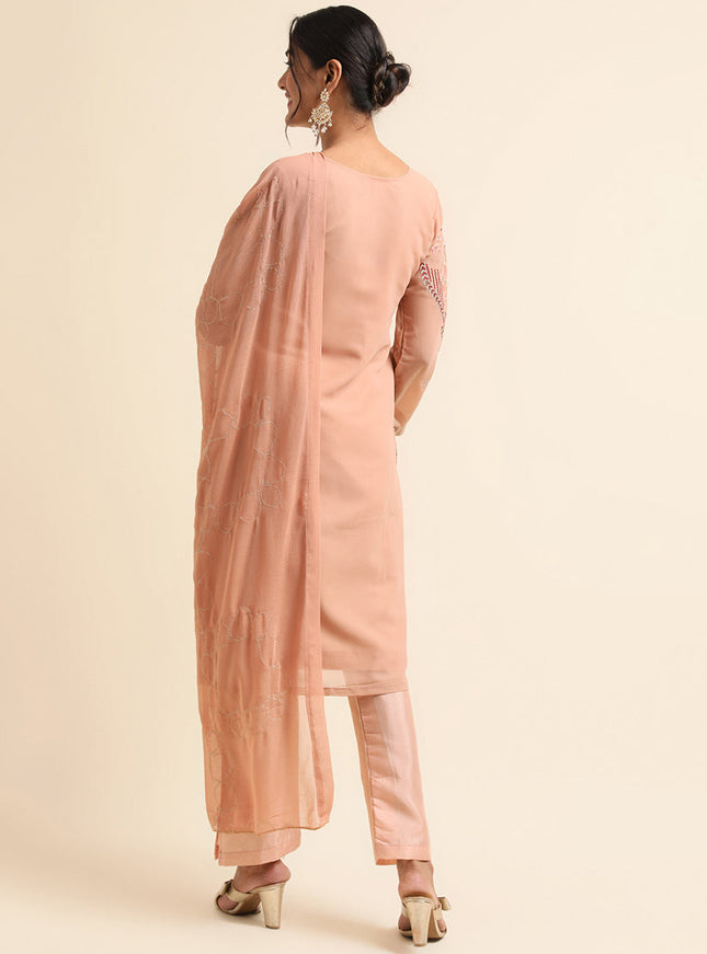 Peach Faux Georgette Embroidered Pant Kameez Suit