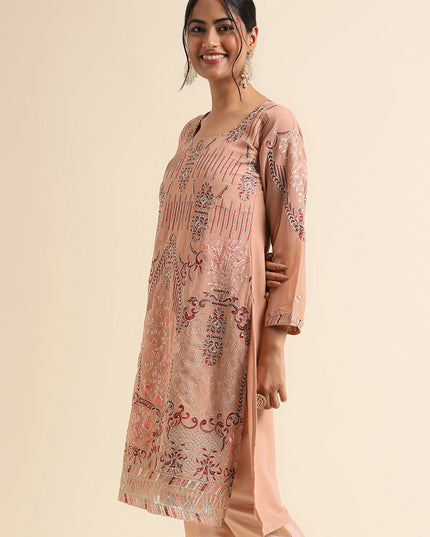 Peach Faux Georgette Embroidered Pant Kameez Suit