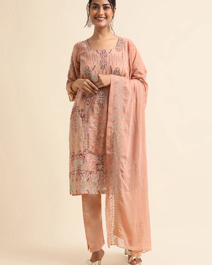 Peach Faux Georgette Embroidered Pant Kameez Suit