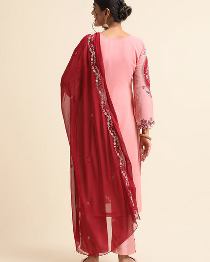 Pink Faux Georgette Embroidered Pant Kameez Suit