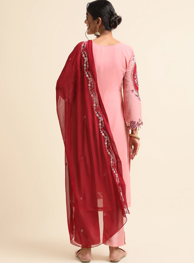 Pink Faux Georgette Embroidered Pant Kameez Suit