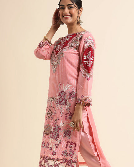 Pink Faux Georgette Embroidered Pant Kameez Suit