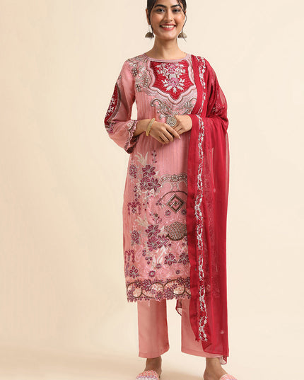 Pink Faux Georgette Embroidered Pant Kameez Suit