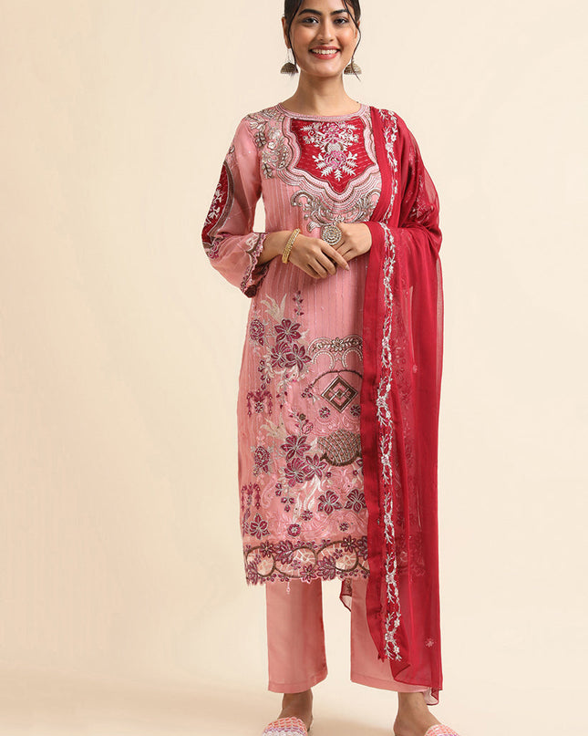 Pink Faux Georgette Embroidered Pant Kameez Suit