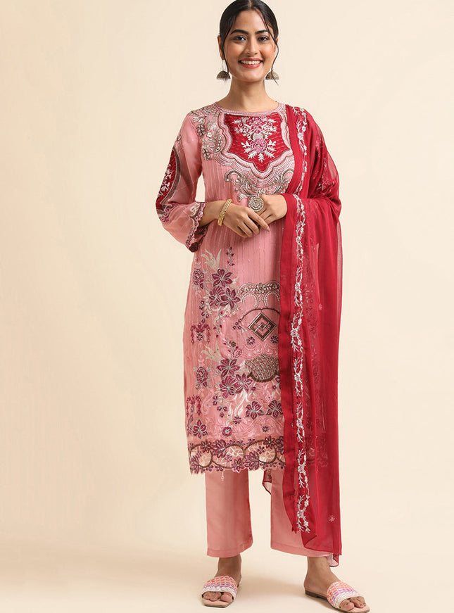 Pink Faux Georgette Embroidered Pant Kameez Suit