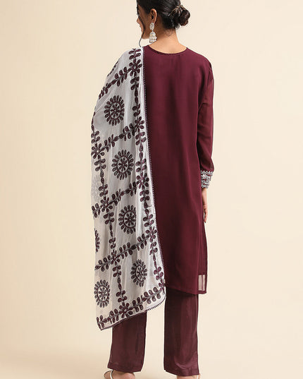 Wine Faux Georgette Embroidered Pant Kameez Suit