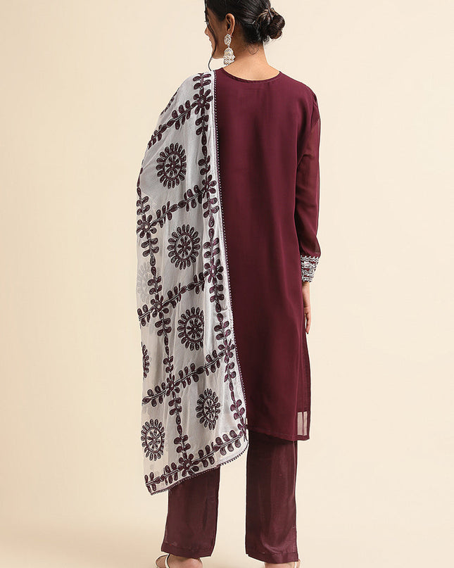 Wine Faux Georgette Embroidered Pant Kameez Suit
