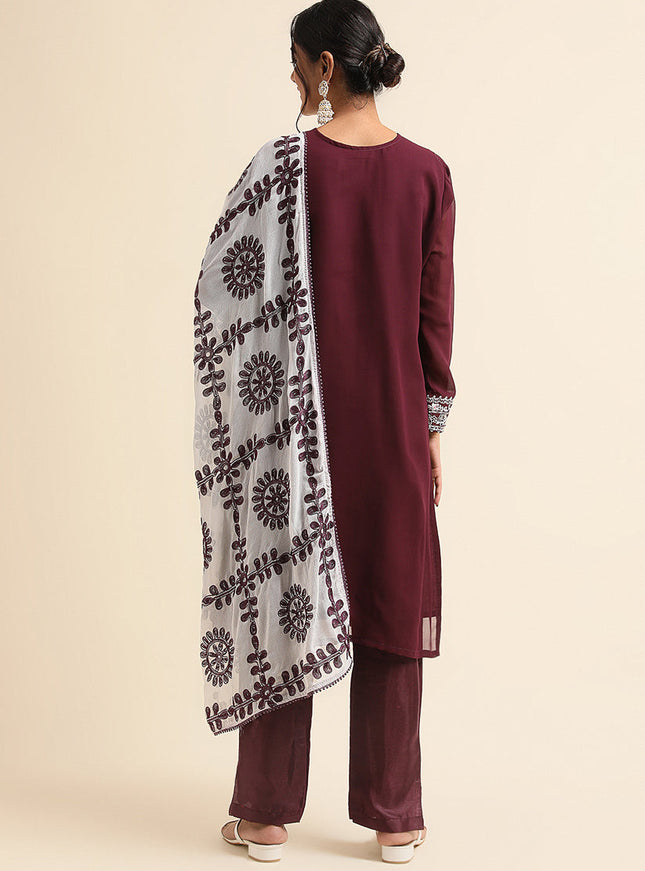 Wine Faux Georgette Embroidered Pant Kameez Suit