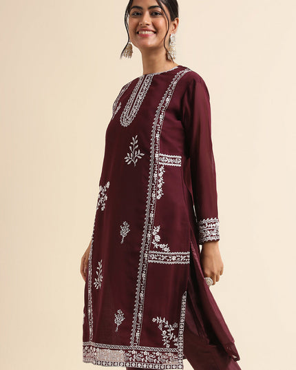 Wine Faux Georgette Embroidered Pant Kameez Suit