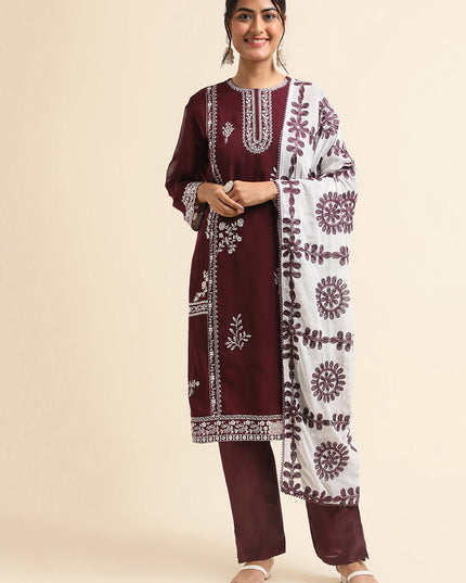 Wine Faux Georgette Embroidered Pant Kameez Suit
