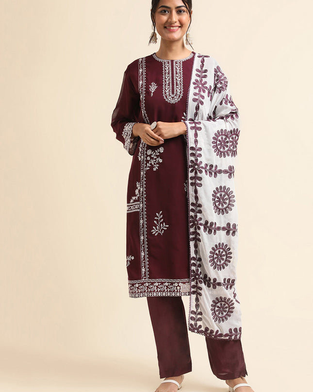 Wine Faux Georgette Embroidered Pant Kameez Suit