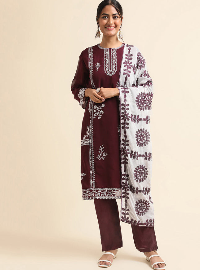 Wine Faux Georgette Embroidered Pant Kameez Suit
