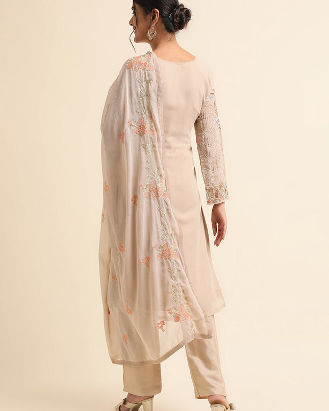 Beige Faux Georgette Embroidered Pant Kameez Suit