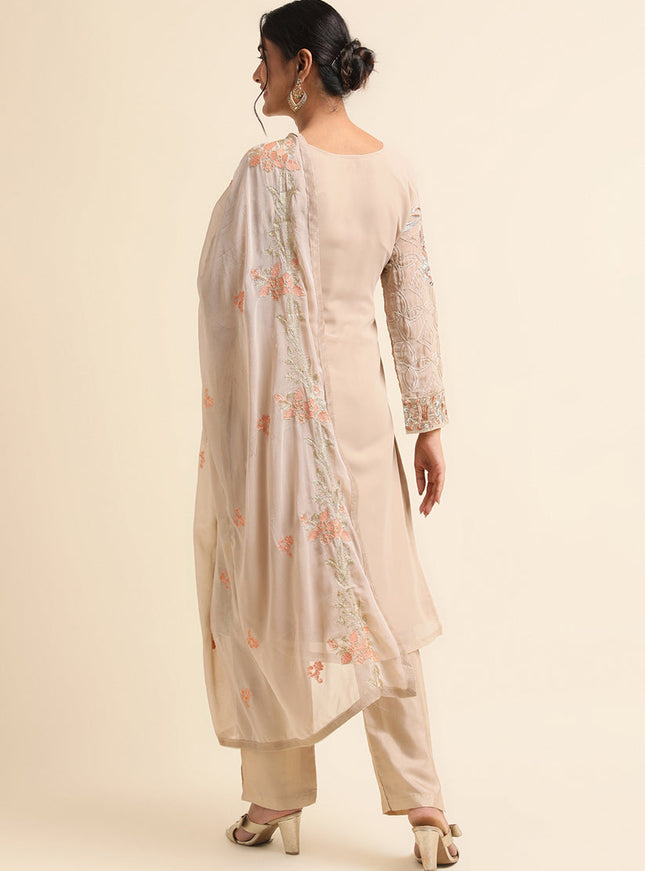 Beige Faux Georgette Embroidered Pant Kameez Suit