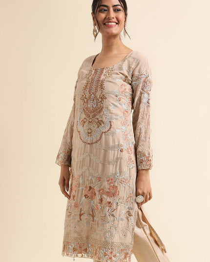 Beige Faux Georgette Embroidered Pant Kameez Suit